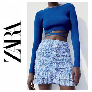 NWT Zara Floral Print Draped Ruffled & Gathered High Waisted Mini Skirt, Medium